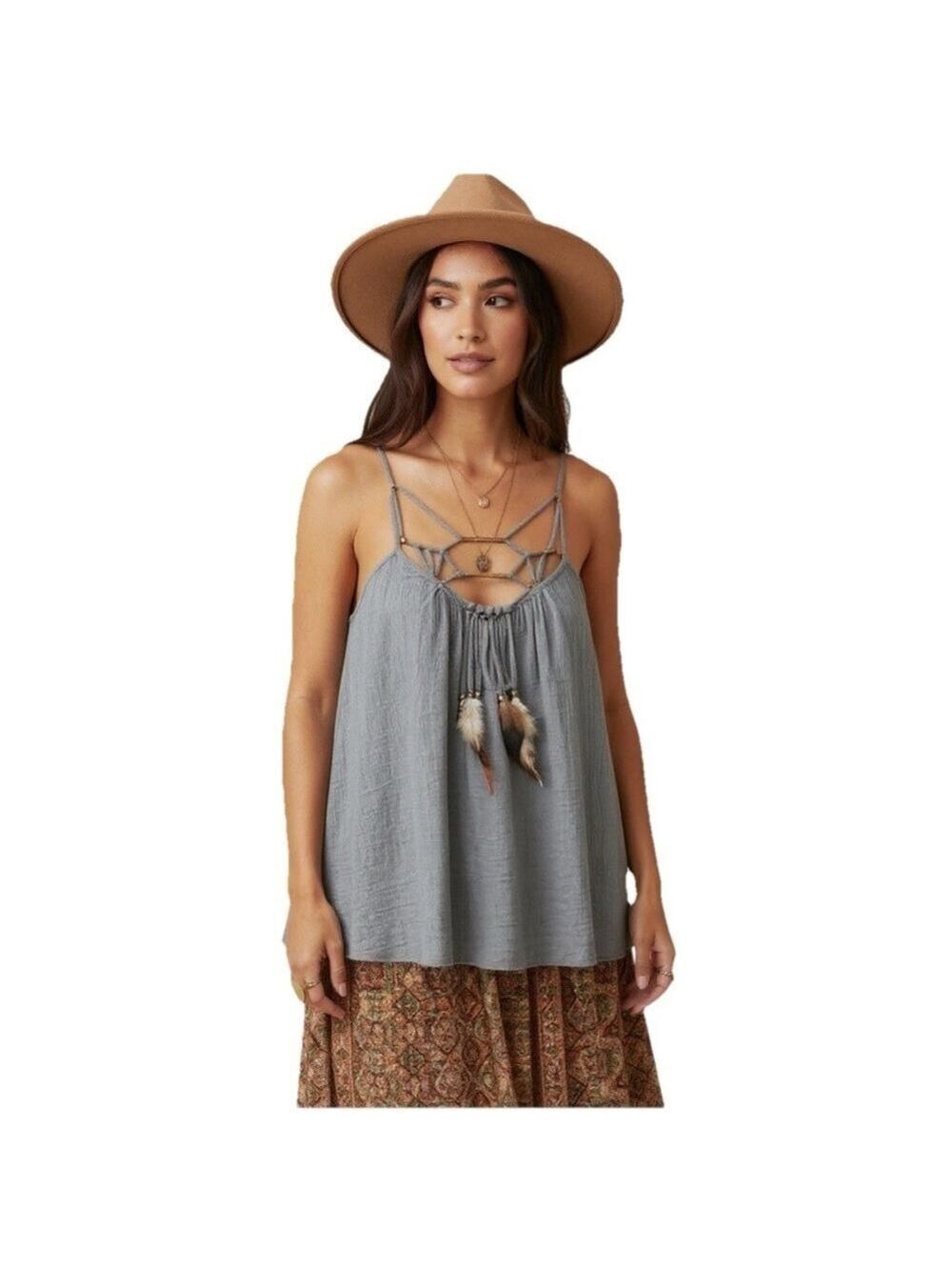 Rebecca Taylor Dusty Blue Strappy Feather Tassel Camisole Tank Top Size 0